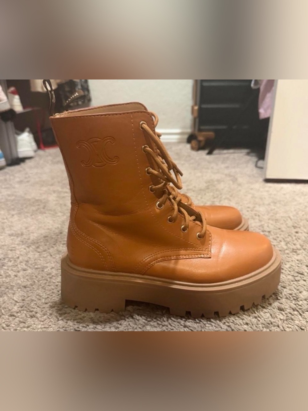 Celine Tan Lace-Up Platform Combat Boots worn 2 times